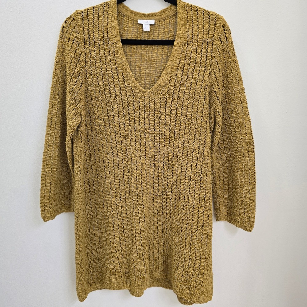 J. Jill Mustard Yellow Open Knit V-Neck Tunic Sweater 3/4 Sleeve‎ Cotton Blend L